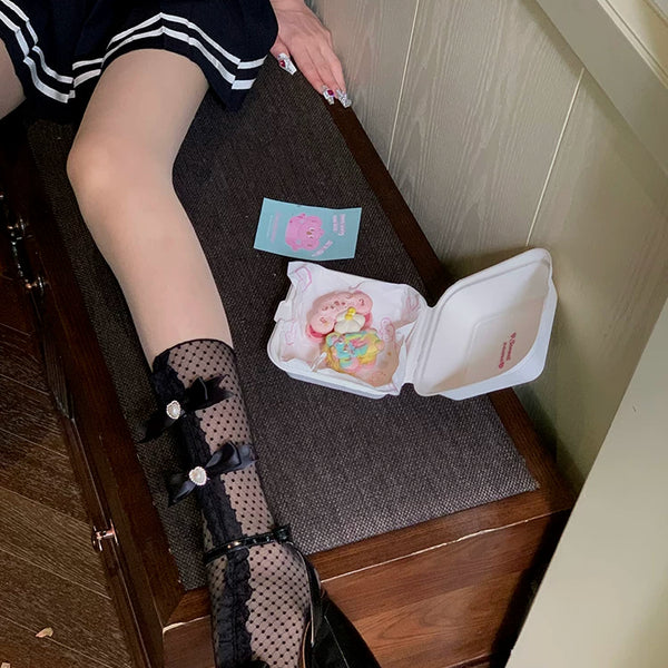 Fashion lolita Japanese sweet bow glass jk lace jacquard knee stockings children thin