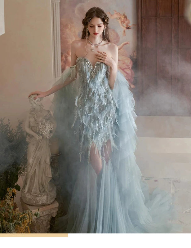 Blue feather tube top evening dress women's high sense birthday party princess dress annual meeting engagement bride toast dress