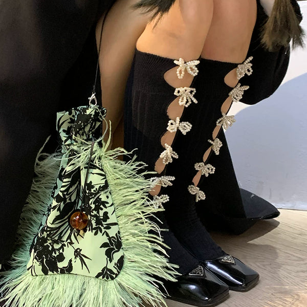 Fashion original niche design hand-sewn three-dimensional pearl bow daily black trendy retro girl