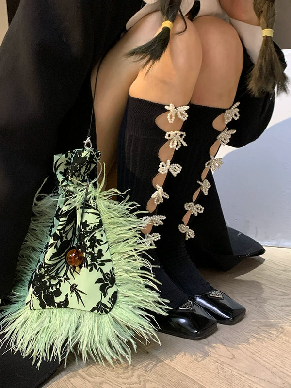 Fashion original niche design hand-sewn three-dimensional pearl bow daily black trendy retro girl