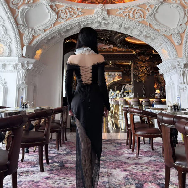 Off shoulder sexy one neck strapless cross tie dress, spring and autumn new lace patchwork long dress, birthday dress