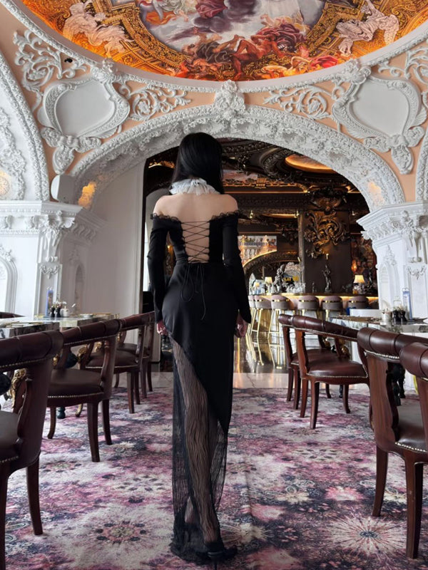 Off shoulder sexy one neck strapless cross tie dress, spring and autumn new lace patchwork long dress, birthday dress