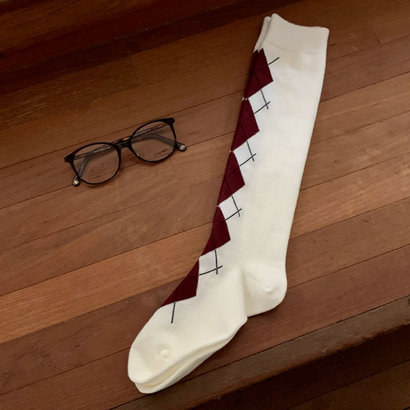 Fashion Academy Rhombus Knee Calf Socks Elegant Retro Thousand Gold Contrast Pile Socks