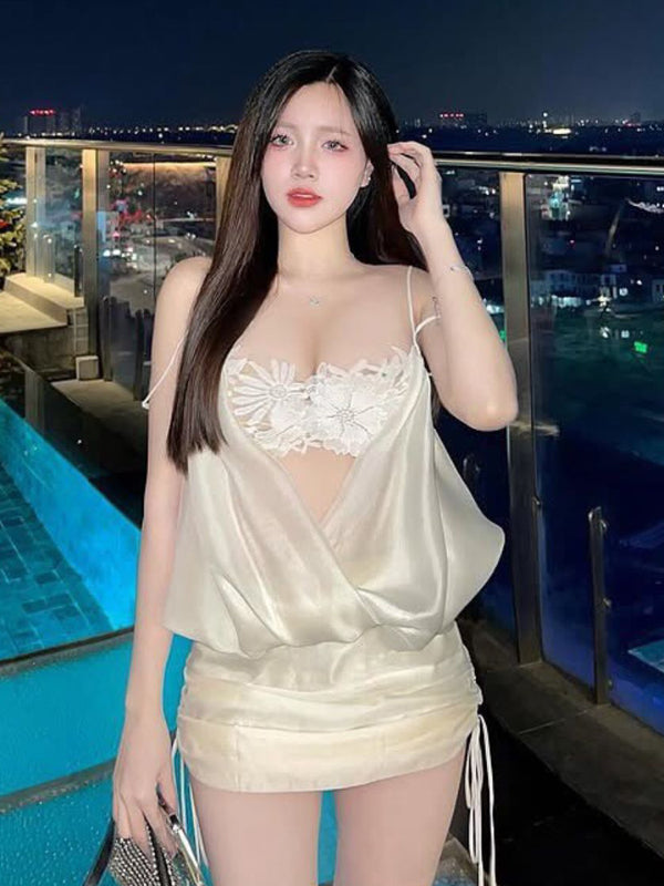 Sexy spicy girl French lace camisole off shoulder satin dress birthday party dress niche dress