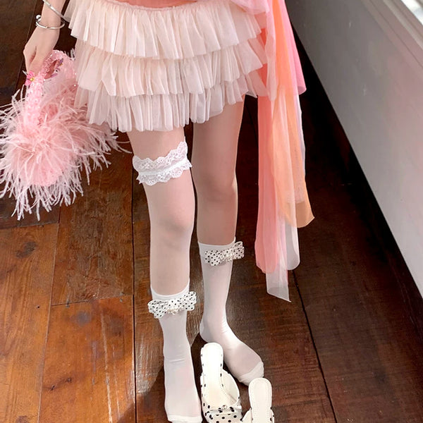 Fashion niche design polka dot bow pearl bright diamond breathable sweet ballet calf socks short tube socks