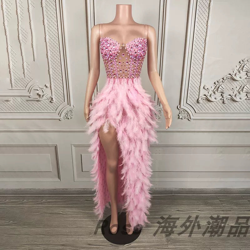 Elegant white swan-inspired feather skirt dress - slimming, rhinestone embellished mini dress for vacation, runway, party, and evening events