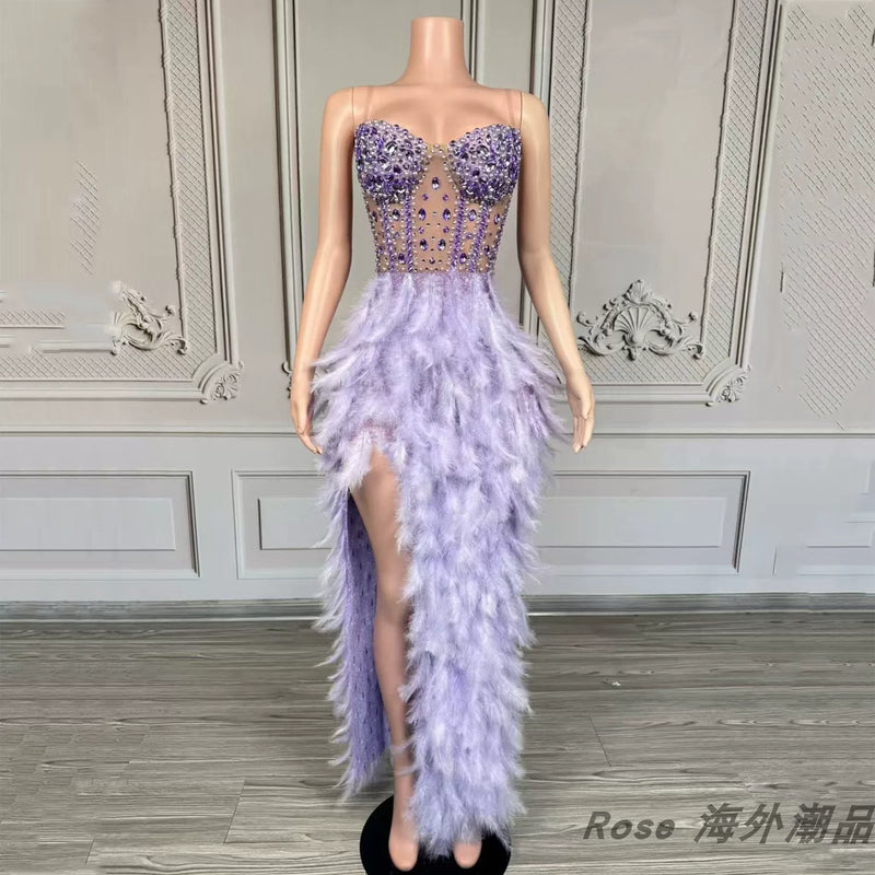 Elegant white swan-inspired feather skirt dress - slimming, rhinestone embellished mini dress for vacation, runway, party, and evening events