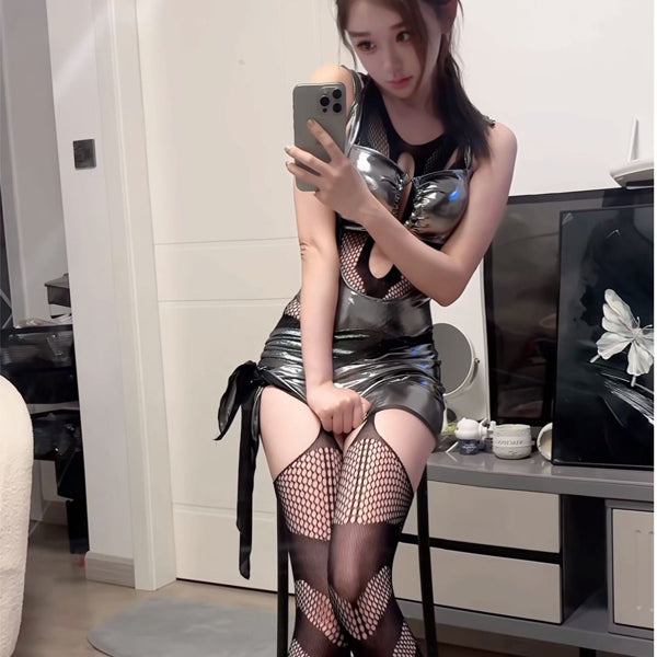 Spicy girl sexy niche design striped hollow stockings tempting jumpsuit stockings fishing net stockings jumpsuit suspender stockings hollow out