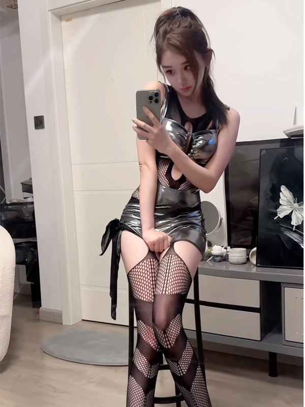 Spicy girl sexy niche design striped hollow stockings tempting jumpsuit stockings fishing net stockings jumpsuit suspender stockings hollow out