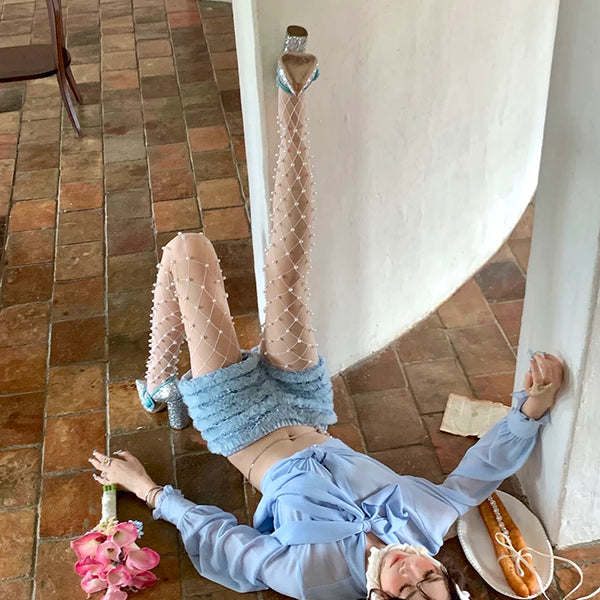 Fashion niche white pearl bow design mesh socks sexy babes pantyhose leggings