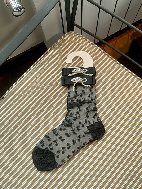 Fashion niche design pearl bow breathable jacquard socks versatile medium tube sweet beautiful women socks stacking socks