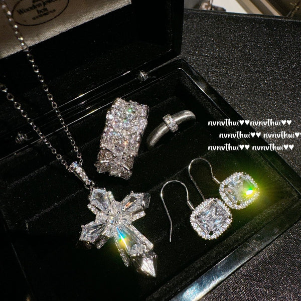 Cross gemstone necklace, water droplet zircon tassel necklace, layered and worn