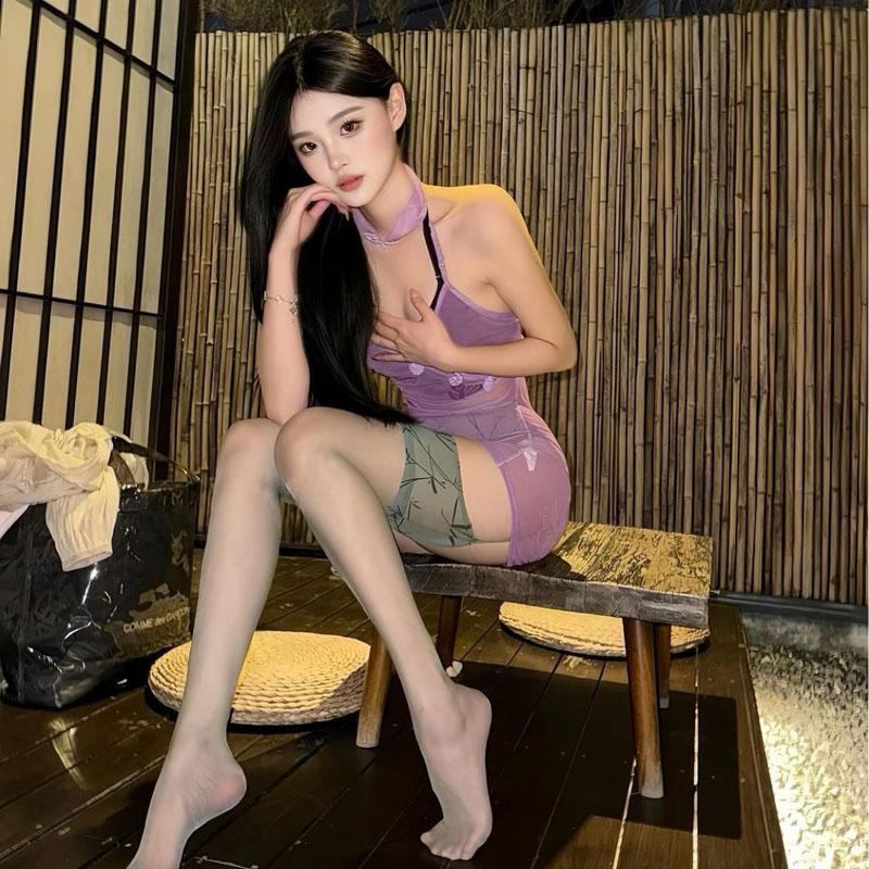 Pure desire style dating purple perspective hip-wrapped cheongsam short skirt antique retro new Chinese open back neck nightdress women