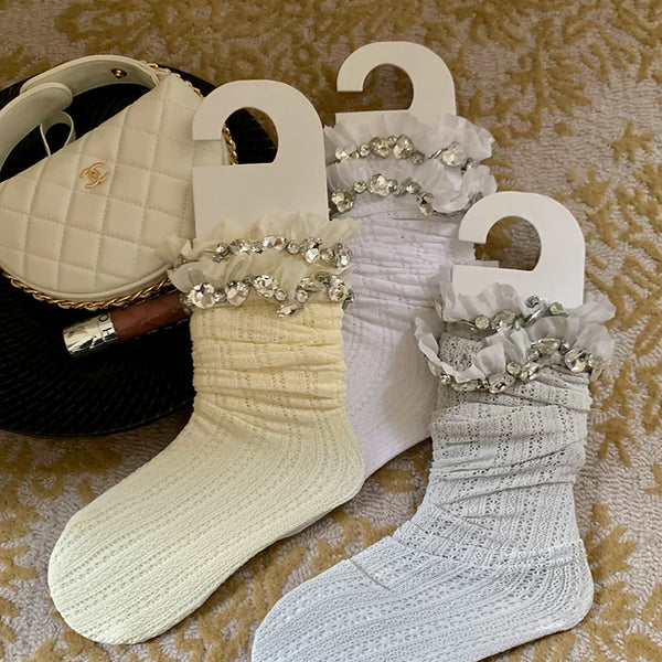 Fashion original designer brand knee flash diamond knee socks women's autumn and winter stockings milk white Japanese jk