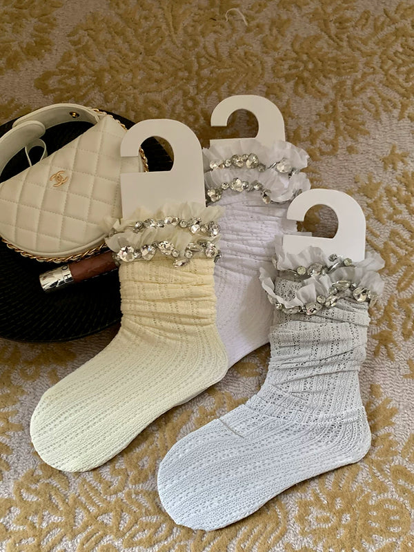 Fashion original designer brand knee flash diamond knee socks women's autumn and winter stockings milk white Japanese jk