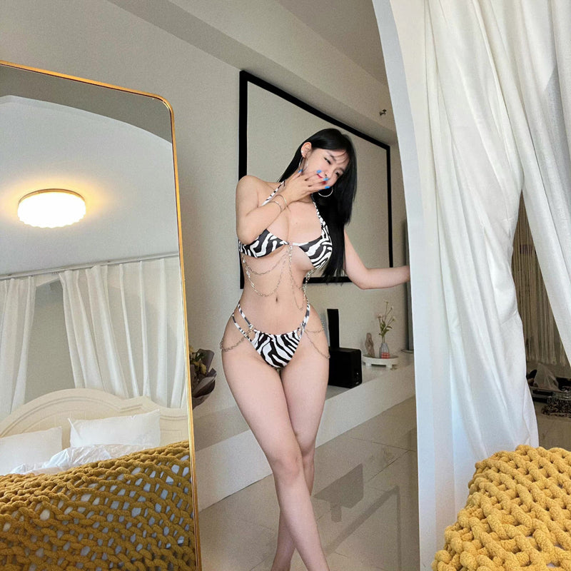Summer Fashion Hottie Sexy Chain Neck Bikini Suit Small Breasts Gathering Animal Pattern Hot Spring Triangle Swimsuit