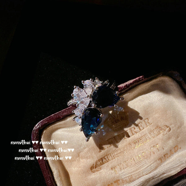 Sri Lanka Blue Crown Waterdrop Necklace Deep Sea Blue Teardrop Ring