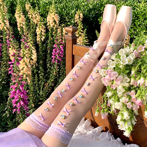 Cnorahk niche early spring purple handmade flowers niche lace Lolita high stockings ballet girl socks