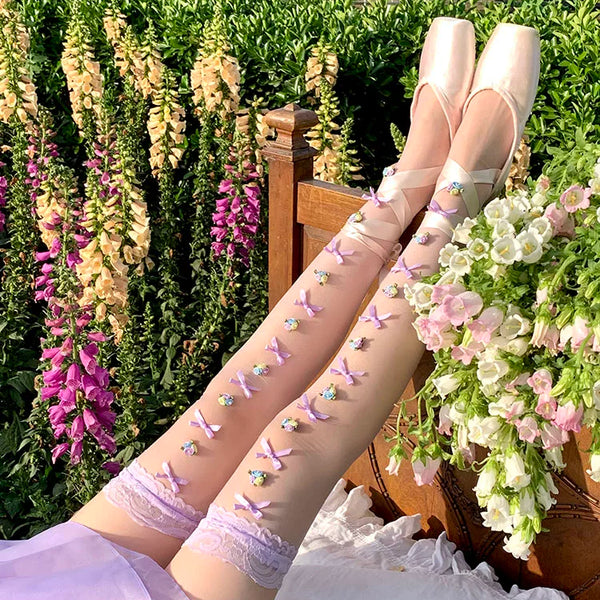 Fashion niche early spring purple handmade flowers niche lace Lolita high tube socks ballet girl socks
