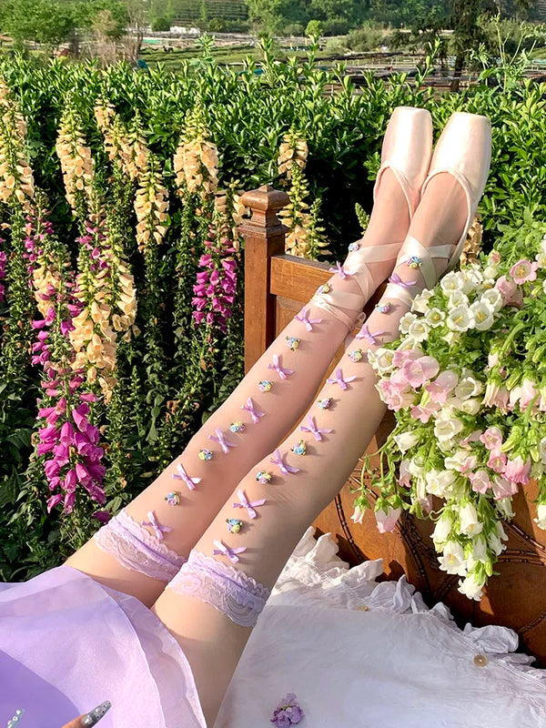 Fashion niche early spring purple handmade flowers niche lace Lolita high tube socks ballet girl socks