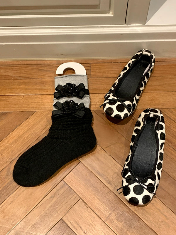 Fashion niche, design European small fragrant style bow non-removable camellia calf socks medium tube socks