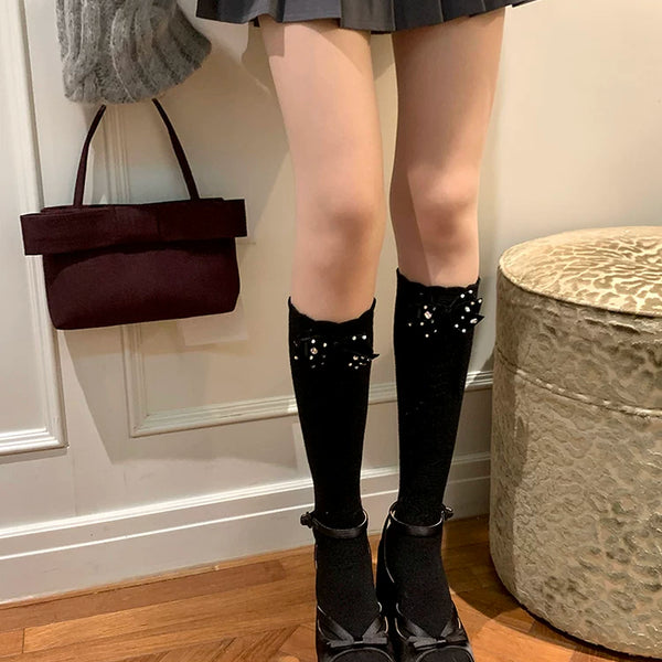 Fashion niche, design spring and summer thin bow jk socks milk white mesh rhinestone miu wind calf socks