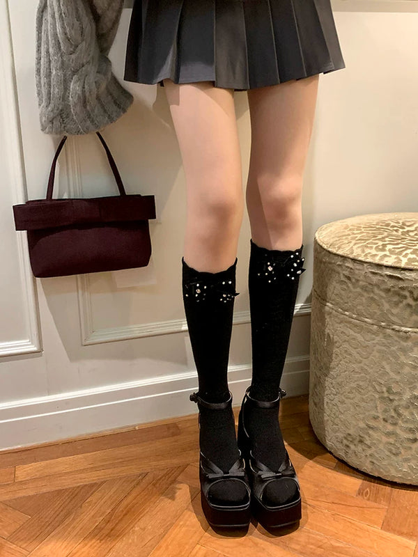 Fashion niche, design spring and summer thin bow jk socks milk white mesh rhinestone miu wind calf socks