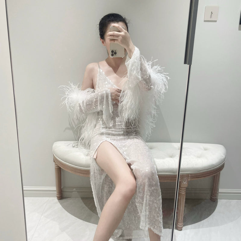 Muse Micro Transparent Crystal Sequins Ostrich Hair Sleeves High Slits Long Skirt Set Light Wedding Dress Skirt