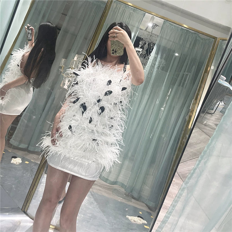 Rich daughter celebrity high luxury, real ostrich hair white swan feathers heavy industry neck slim dress