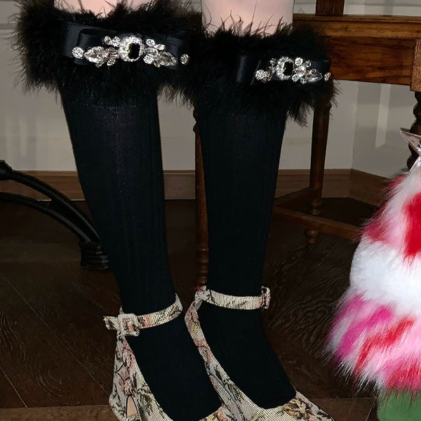 Fashion Niche Socks Full Diamond Hair Bow Medium Tube Socks Pure Desire Wind White Socks Christmas New Year Socks