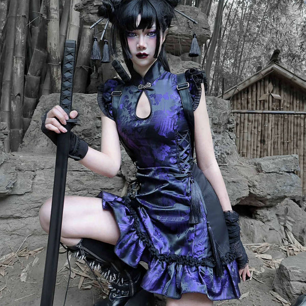 New Chinese-style fringed disc-buckled jacquard improved cheongsam dress