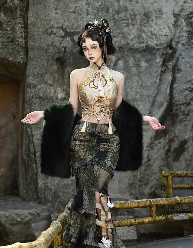 New chinese style tassel jacquard tassel scale pattern waist girdle christmas