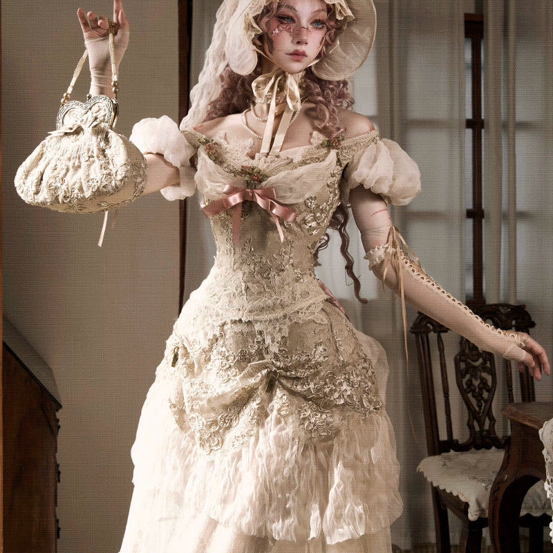 Elegant off-the-shoulder bubble sleeve mesh top with christmas fishbone hand-stitched seersucker court vest