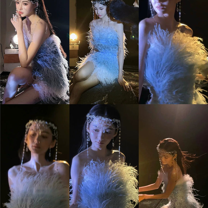 Thousand gold sense of design white swan birthday party heavy industry feather ostrich feather accessible luxury evening dress dress