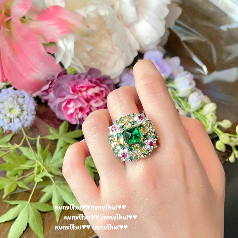 Mojito Emerald Flower Necklace Rich Lady's Happiness Peacock Green Snowflake Zircon Earrings