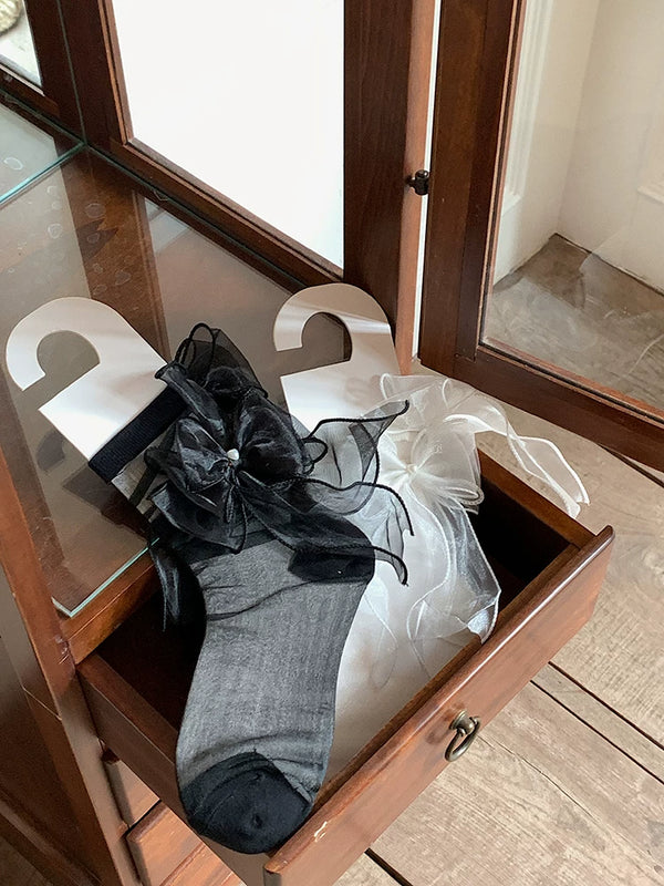 Fashion niche Lolita JK socks women's double yarn bow lace sweet medium tube princess socks thin