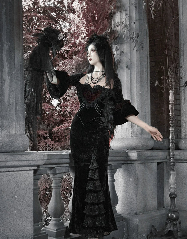 Gothic velvet bandeau dress mermaid skirt halloween retro maxi dress