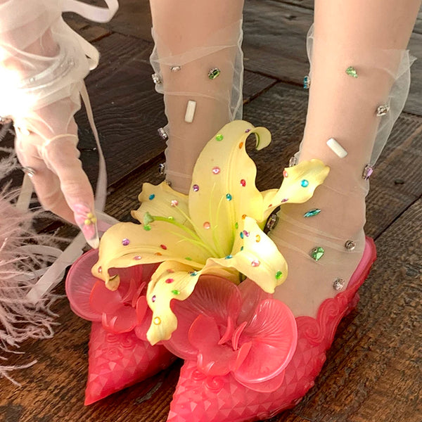 Fashion niche colored rhinestone handmade mesh socks + mesh strap inlaid with gemstones bridal gloves