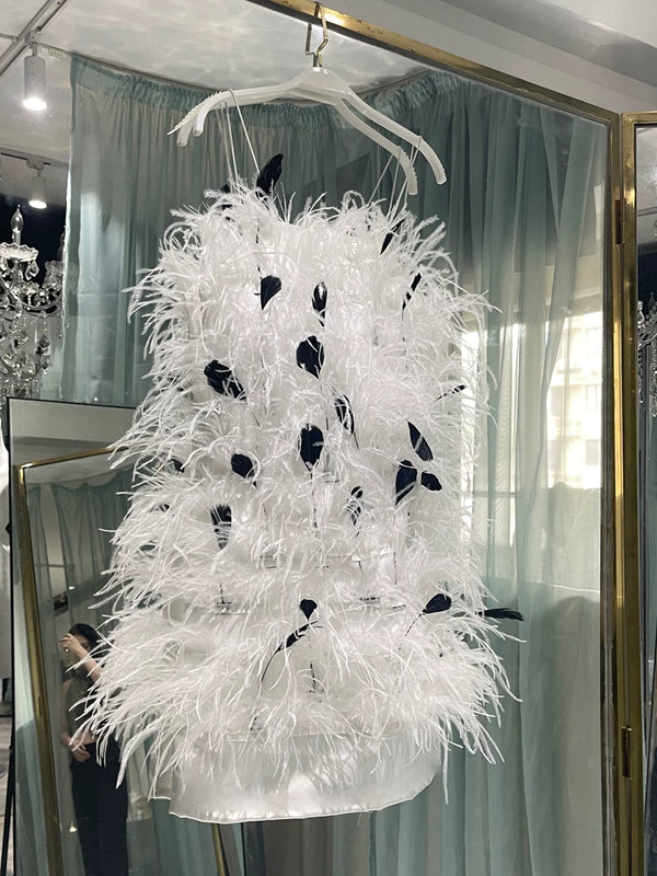 Rich daughter celebrity high luxury, real ostrich hair white swan feathers heavy industry neck slim dress