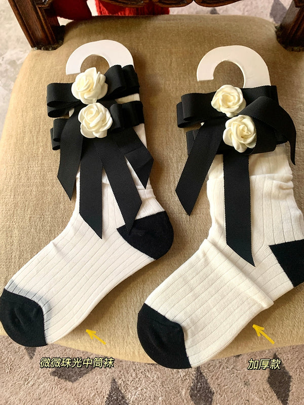 Fashion niche tube socks three-dimensional camellia bow socks summer thin niche design black tube socks