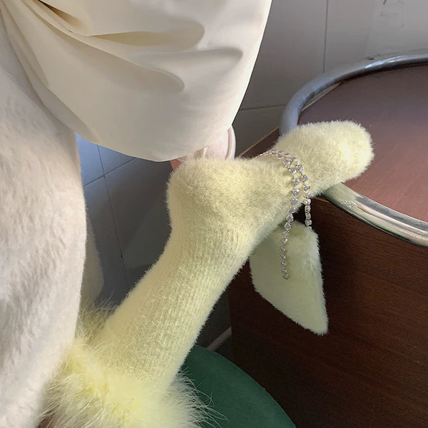 Fashion original niche design, furry feathers New Year's red tube socks sweet girl college style