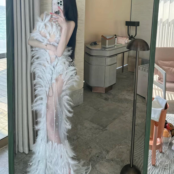 Sexy heavy-embellished feather bandeau maxi dress - sleeveless high-waisted white fairy evening gown/costume