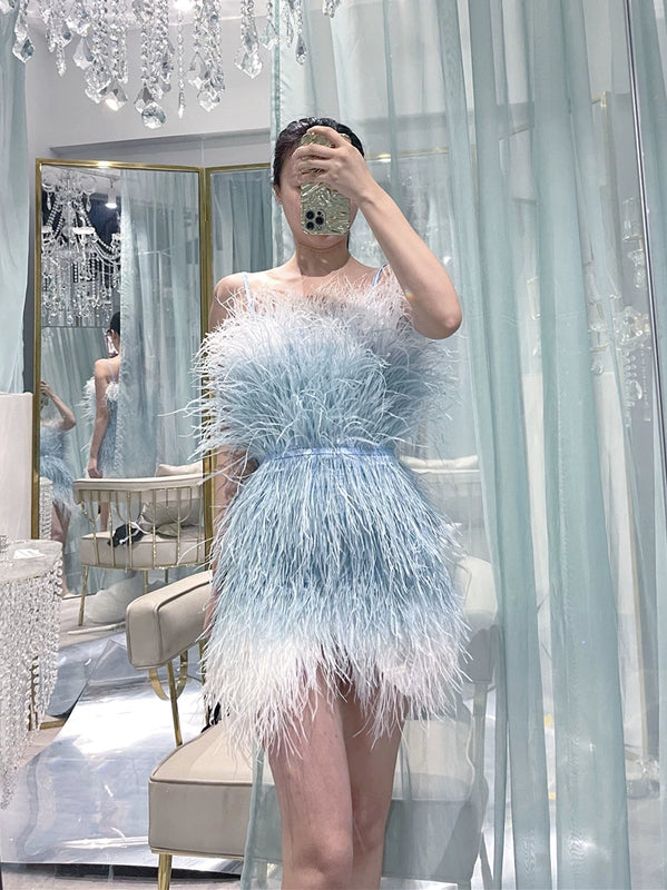 Thousand gold sense of design white swan birthday party heavy industry feather ostrich feather accessible luxury evening dress dress