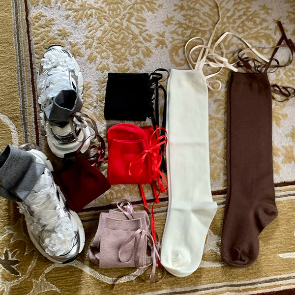 Fashion Autumn and Winter Tide Ankola Red Skinny Calf Back Bow Ribbon Socks Skinny Wear