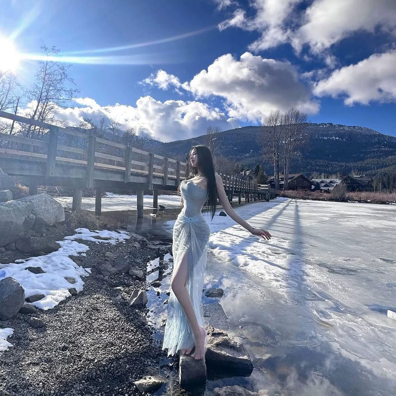 Birthday dress skirt accessible luxuryniche styleclassy exquisite fishbone mesh lacetube top suspender goddess party dress