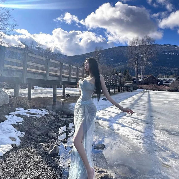 Birthday dress skirt accessible luxuryniche styleclassy exquisite fishbone mesh lacetube top suspender goddess party dress