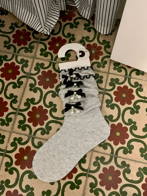 Fashion niche bow pearl pendant socks cute girl ballet summer stacking socks socks