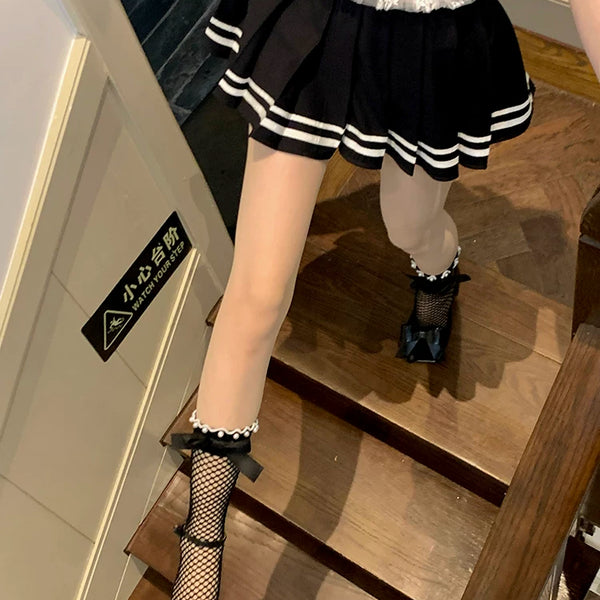 Fashion niche pearl bow edge mesh socks Dongdaemun solid color calf mesh versatile medium tube socks jk