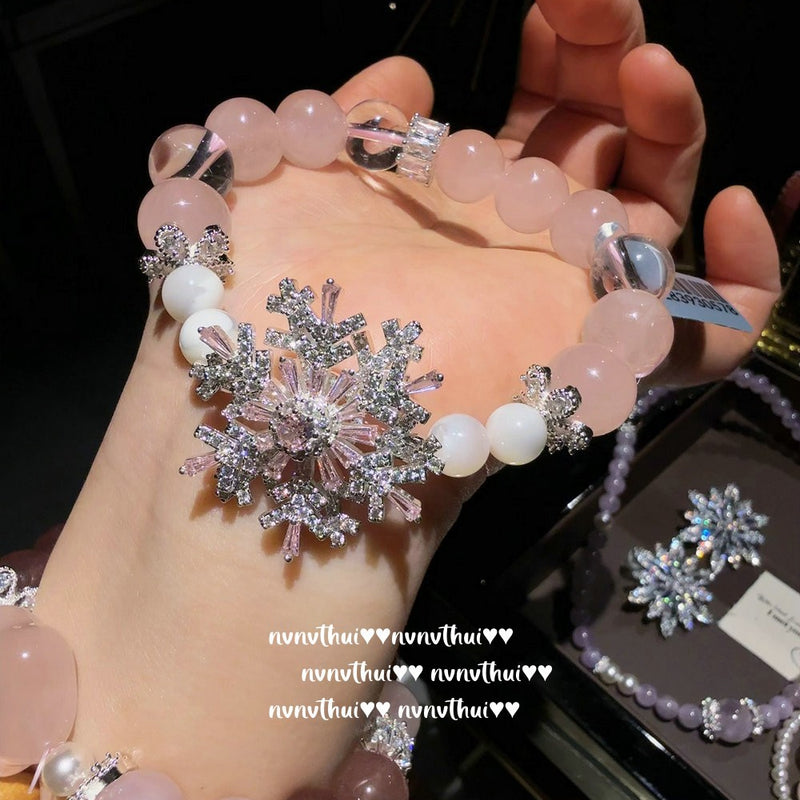 Gilded snow pollen crystal small waist bracelet with pink jade stars, lavender purple bracelet