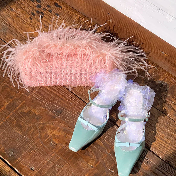 Fashion niche hand-sewn white sequined mesh magazine medium tube socks heavy industry calf socks ins blogger socks